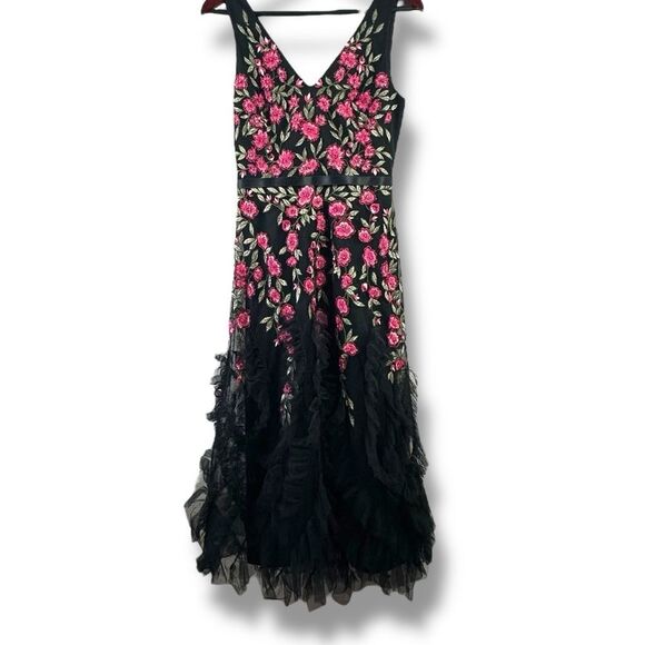 Marchesa Notte Size 4 Ruffle Embroidered Tulle Gown Black Pink Floral Formal NWT - Picture 1 of 16